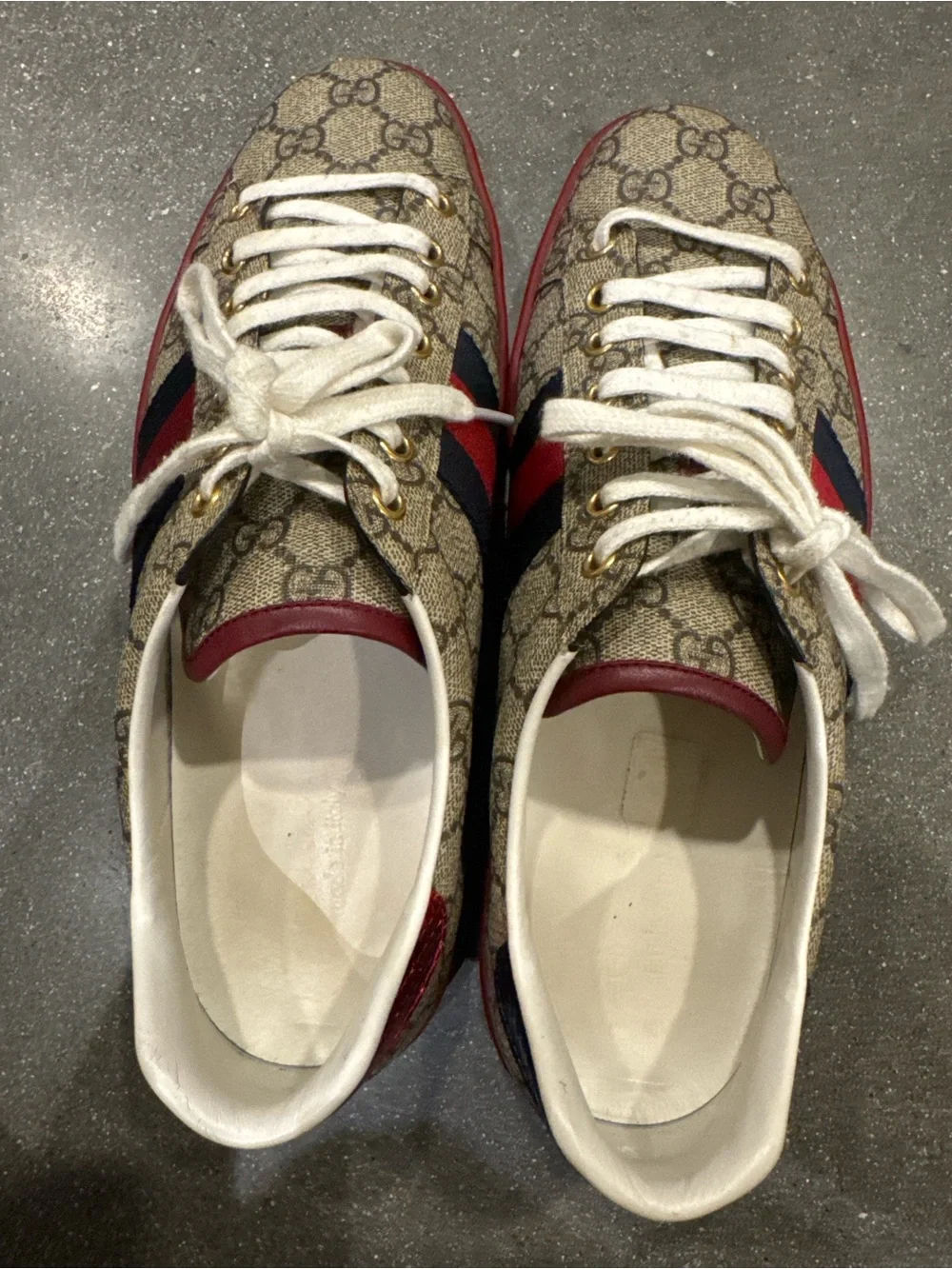 Gucci GG Supreme Canvas Sneakers with Red Trim and Navy Stripes